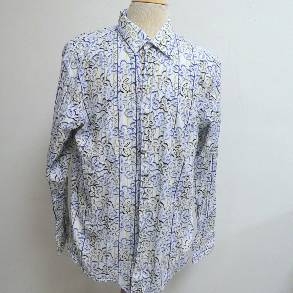 Jhane Barnes white blue floral long sleeve button up shirt L vintage